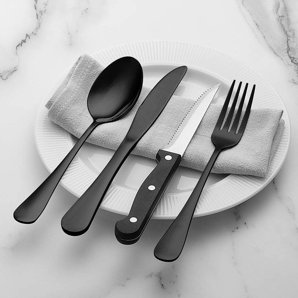 48-Piece Black Flatware Set with Steak Knives, Stainless Steel Silverware Cutlery Set Service for 8, Tableware Eating
