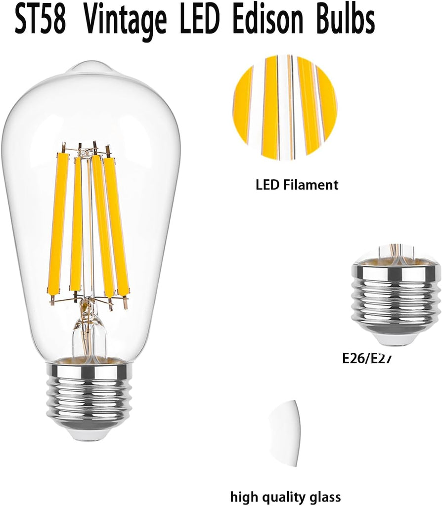 ST58 Vintage LED Edison Bulbs, 12W 6-Pack - 100W Equivalent, 1500LM Warm White 2700K, Dimmable E26 Base, 90+ CRI