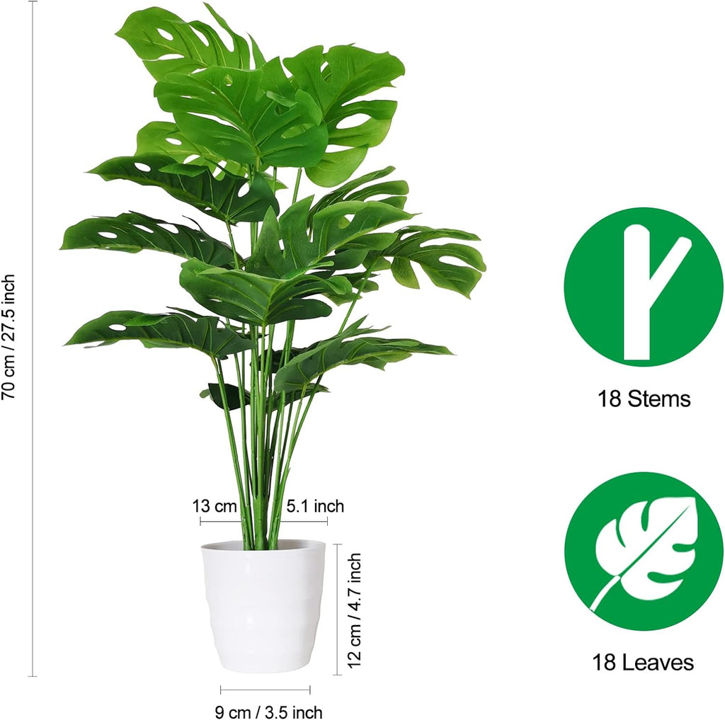Set of 2 Artificial Monstera Deliciosa Plants in Pots, Fake Tropical Palm Tree with Greenery Leaves Stems, 28 Inch