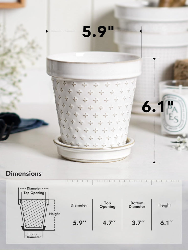 Ceramic Flower Pot with Drainage Hole & Saucer, Plant Pots Set of 4, Arctic White