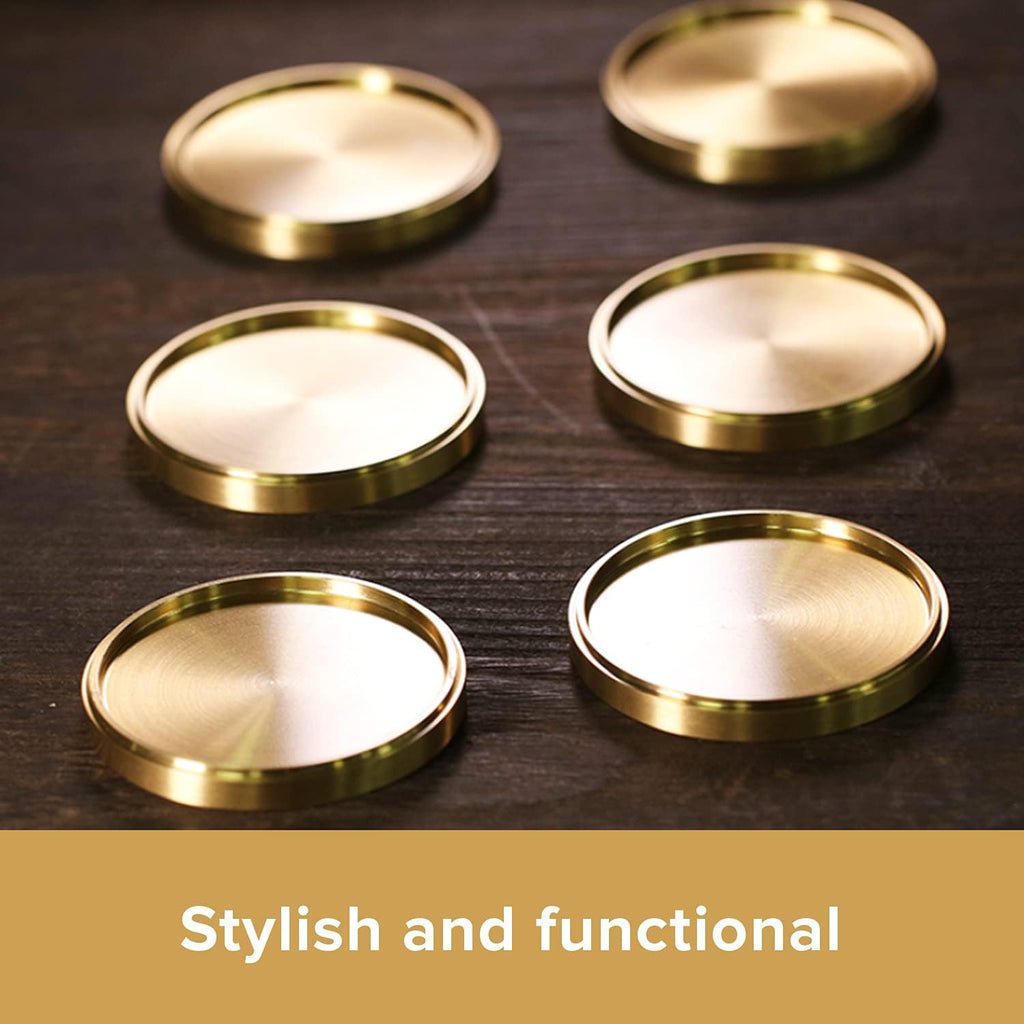 Heavy Brass Coasters for Drinks (6-Pack) - Solid Bronze Gold Coasters - Classy MCM Style Premium Coaster Set - 5 Star - Set of 6