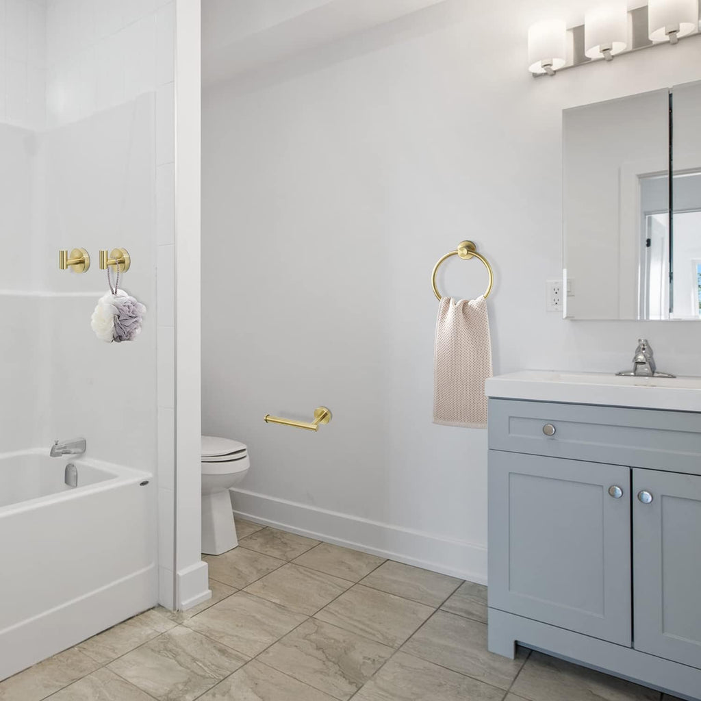 Gold Bathroom Hardware Set, Brushed Gold Toilet Paper Holder Towel Ring and 2 Robe Hook Bathroom Accessories Hand