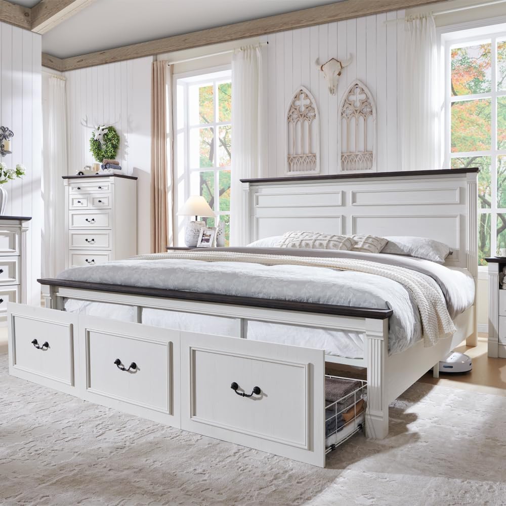 Farmhouse King Bed Frame with 51" Tall Headboard, Wood Platform Bed Frame with 20" Tall Roman Column Decoration