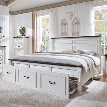 Farmhouse King Bed Frame with 51" Tall Headboard, Wood Platform Bed Frame with 20" Tall Roman Column Decoration