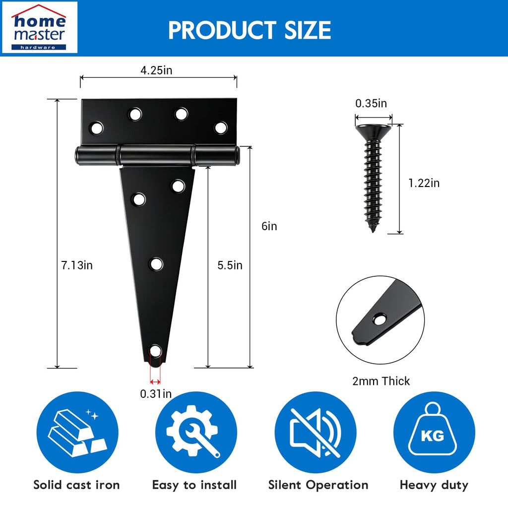 6" Heavy Duty Gate Hinges, 2 Pack T Strap Hinges