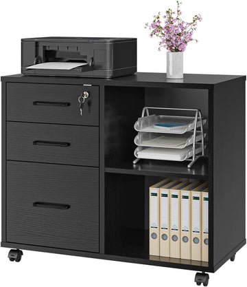 3 Drawer Office File Cabinets, Mobile Lateral Printer Stand with Open Storage Shelf, Rolling Filing Cabinet with