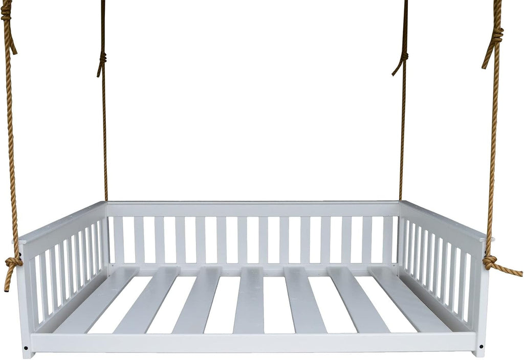 Amish-Made Full Size Mission-Style White Wooden Swing Bed with Ropes