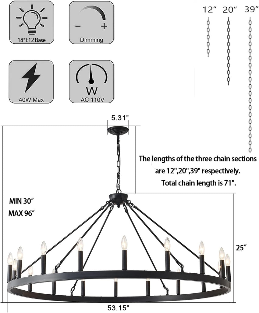 Inspired Camino Style Chandelier - 53 Inch Large Black Wagon Wheel Chandelier 18-Light Farmhouse Wagon Wheel Chandeliers Round Industrial Ceiling Light fixtures for Outdoor Porch high Ceilings Living Dining Room Foyer Entryway A105-B0D1V31HHL