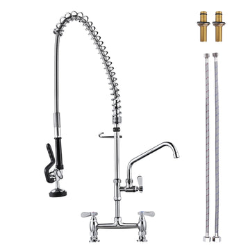 Deck Mount Commercial Kitchen Faucet: 36" Height Commercial Sink Faucet with Pre-Rinse Sprayer - 8" Center with 10"