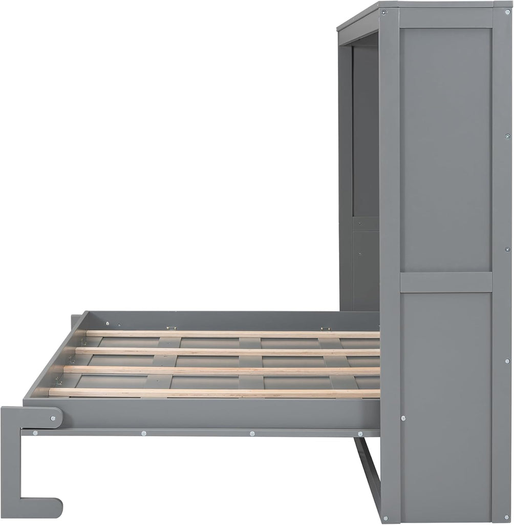Modern Farmhouse Solid Wood Murphy Bed Chest, Wall Bed with Wood Slat Support/No Box Spring Needed/Space