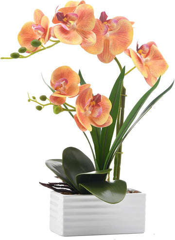 Artificial Real Touch Orchid Flowers with White Ceramic Vase, Orange