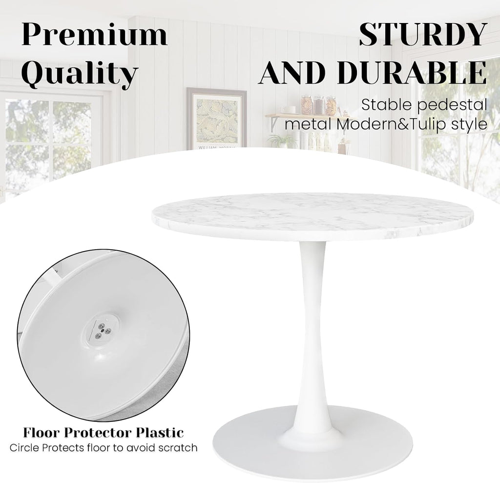 Inspired Saarinen Style Tulip Round Pedestal Dining Table — White Marble Top, 39.1″ Round