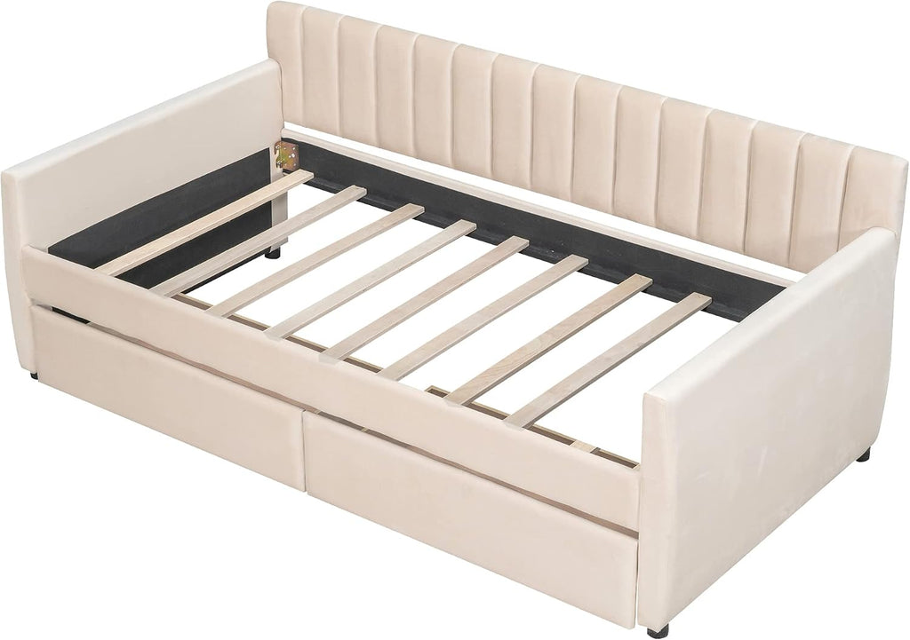 Upholstered Daybed with 2 Drawers, Twin Size Bed Frame with Storage and Wood Slat Support, Beige