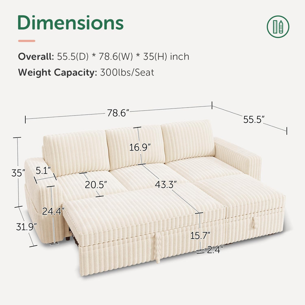 Corduroy Sectional Sleeper Sofa with Pull Out Bed & Storage, Beige