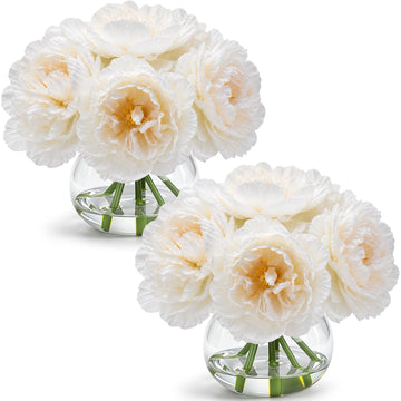 2 Pack White Peonies Faux Flowers in Vase with Faux Water Silk