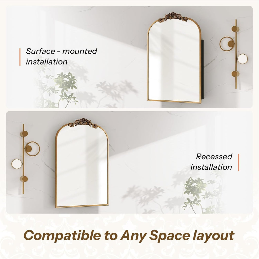 24x35 Inch Vintage Bathroom Medicine Cabinet Mirror Storage Gold | Easy Install Tempered Glass Mirror, Durable