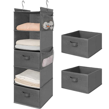 5 Tier Shelf Hanging Closet Organizer, Cloth Hanging Shelf with 2 Sturdy Hooks for Storage, Foldable (Grey-D2)