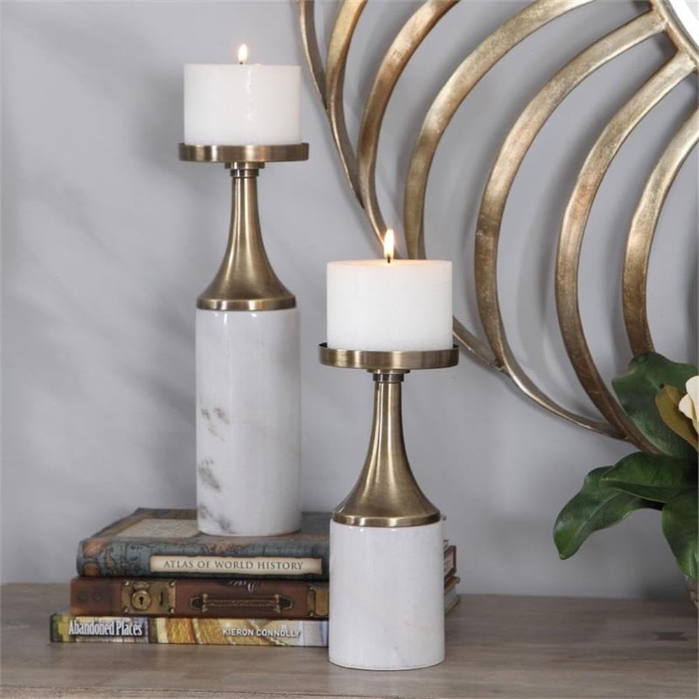 Metal Marble Candleholder Set of 2, Antique Brass Finish, Elegant White Marble Base, Includes Off-White Distressed