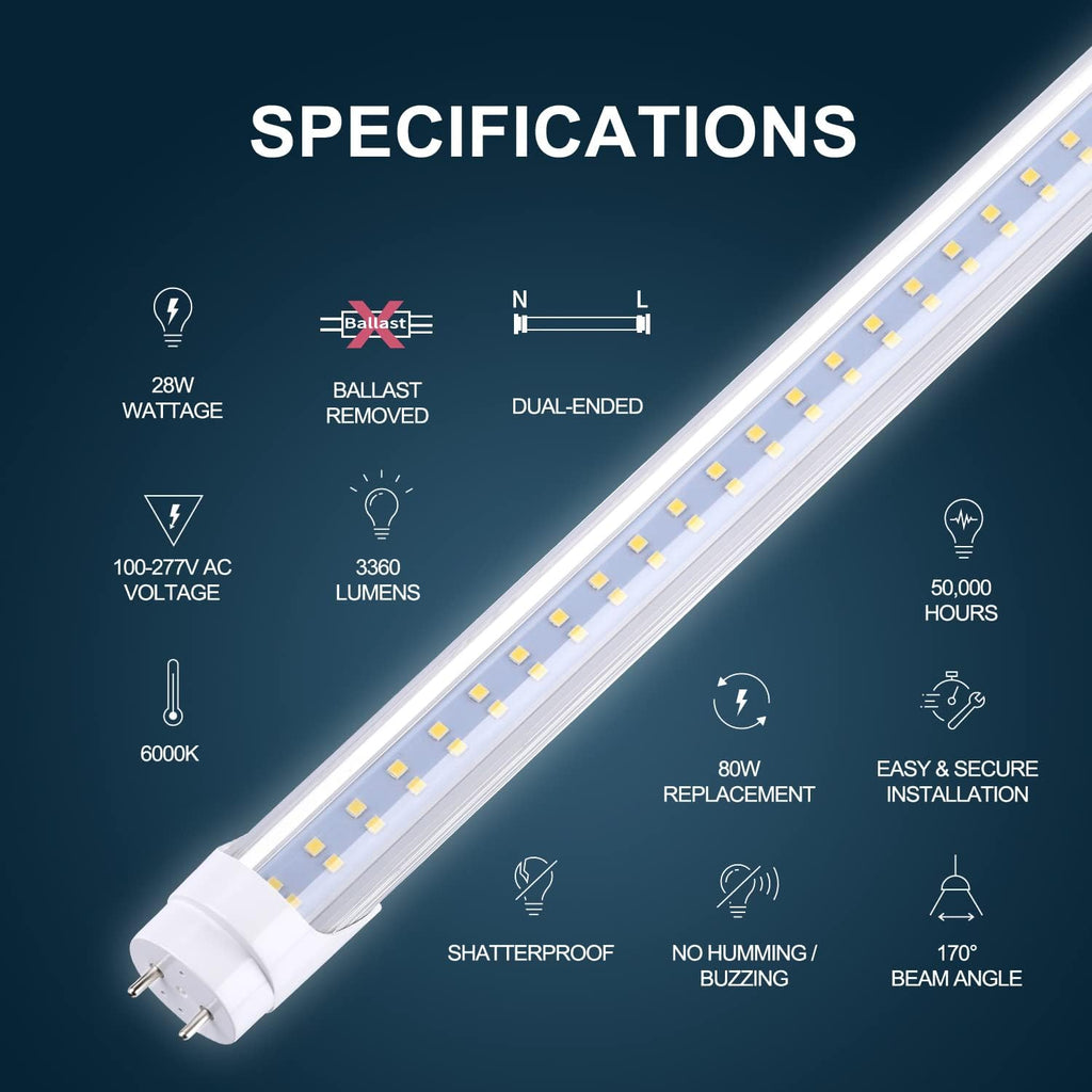 T8 LED Tube Light Two Rows LED Chips 4FT 28W, 80W Replacement LED Bulb Lights, 3360 Lumens, Cold White 6000K, Ballast