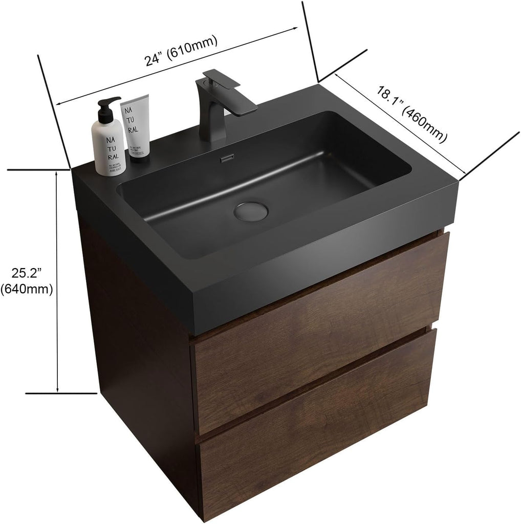 24" Floating Bathroom Vanity with Black Sink, Modern Bathroom Cabinet with Top and Soft Close Drawers