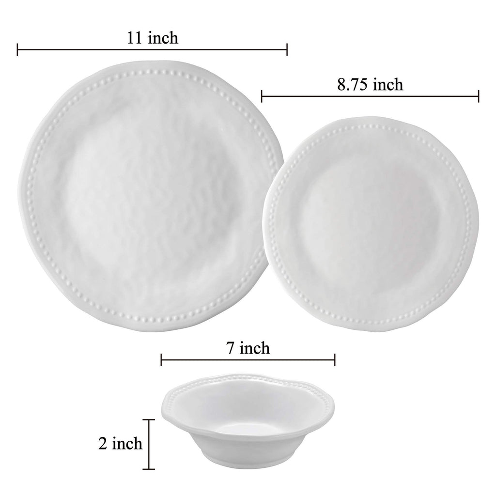 12 Piece Pebble Melamine Dinnerware Sets, Outdoor Dishes Set, Plates and Bowls Sets, Service for 4, White