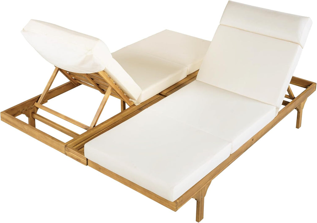 Acacia Wood Chaise Lounge Chair Set of 2, Double/Single Outdoor Sunbathing Pool Lounger with 4'' Four-Folds Cushion