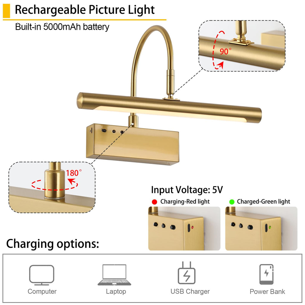Wireless LED Picture Light, Coredless Art Lighting for Wall, Brass Battery Frame Light with Remote, 3 Color Tone &