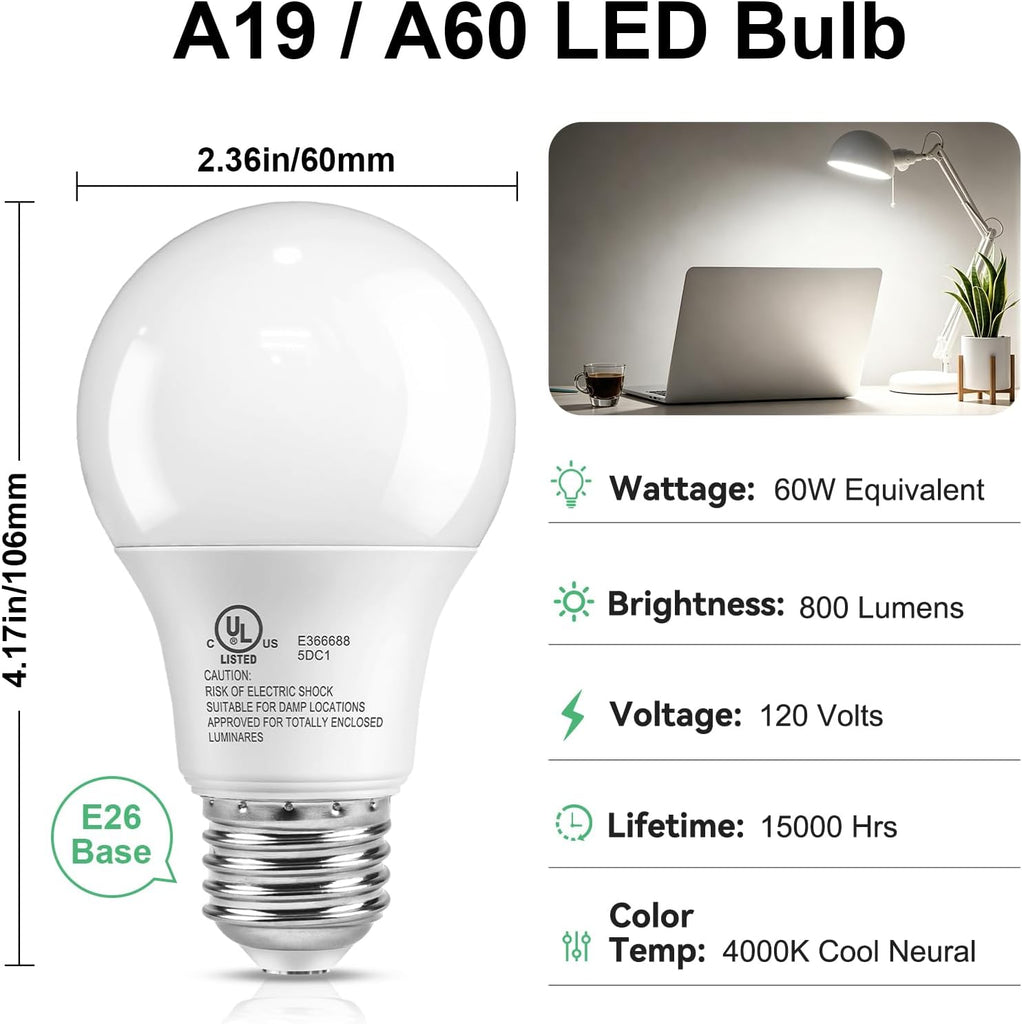 A19 LED Light Bulbs, 4000K Cool Neutral White,60W Eq,E26 Standard Base