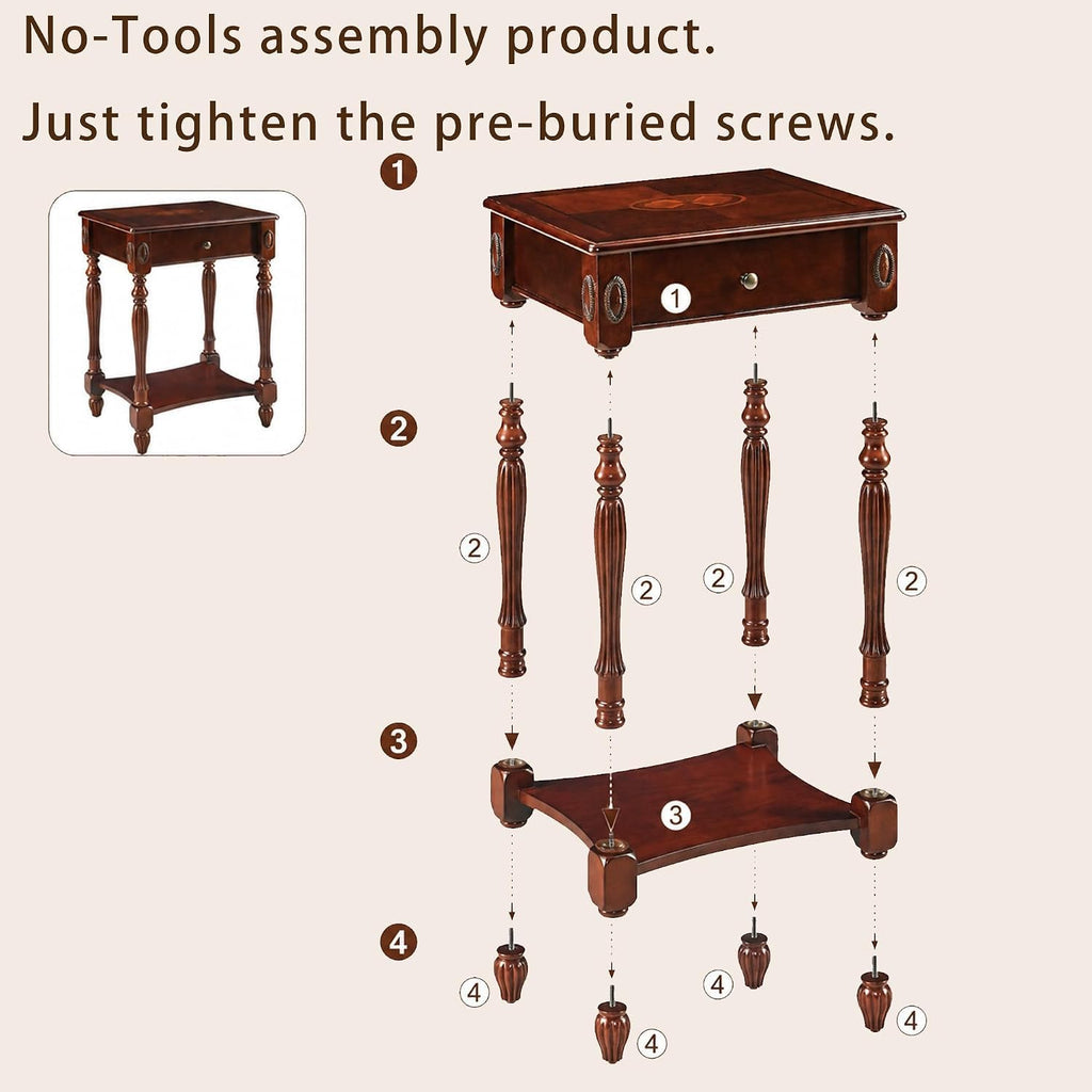 Solid Wood Side Table with Drawer, Victorian Style Vintage Nightstand, Antique Cherry Wood End Tables Living Room