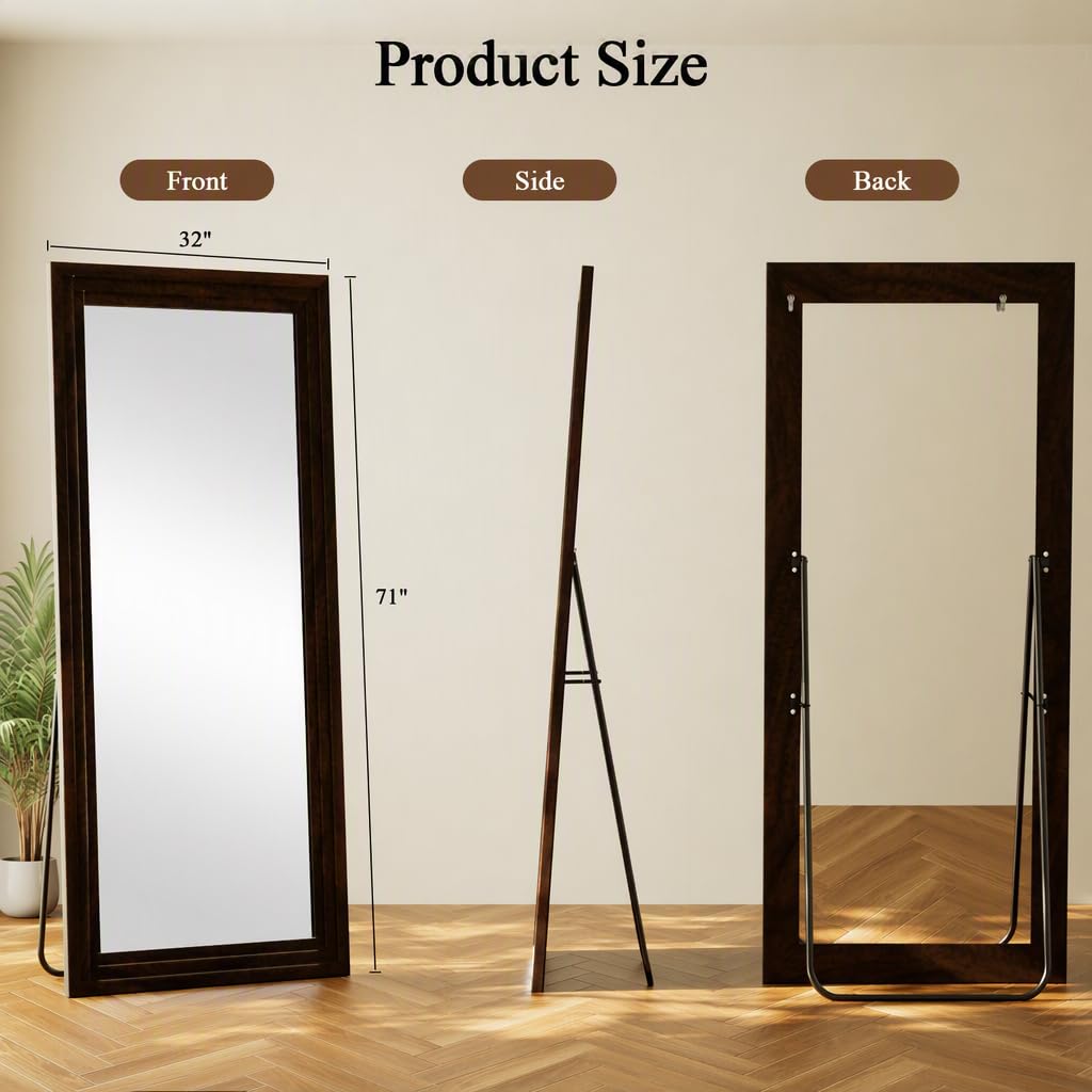 Full Length Mirror 71"X32", Walnut Large Floor Mirror with Solid Wood Frame