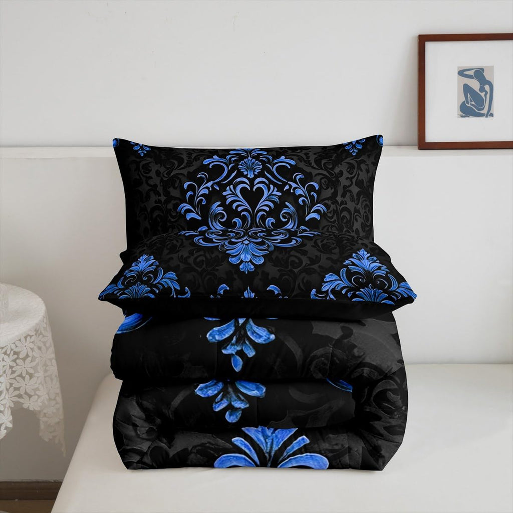 Black Blue Gothic Comforter Set Twin, Vintage Boho Damask Floral