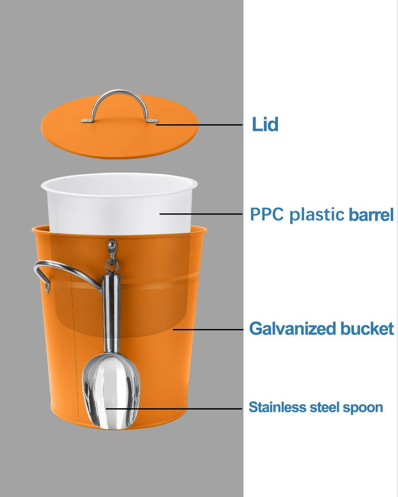 3 Qt Orange Galvanized Ice Bucket with Lid, Scoop and Handles, Insulated