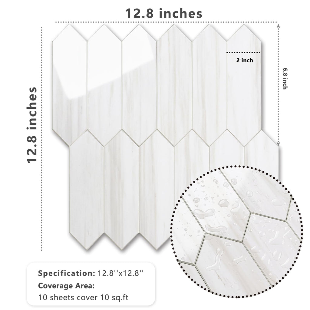 Glossy Dolomite White Backsplash Tile Peel and Stick, 12.8 x 12.8 Inch 10 Sheets Long Hexagon PVC Self Adhesive