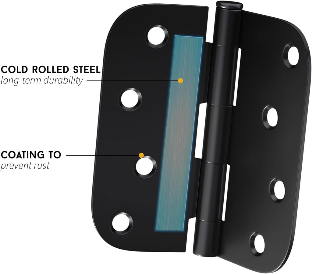 12 Pack Interior and Exterior Door Hinges, Matte Black Door Hinges 4 inch x 4 inch with 5/8" Radius Corners