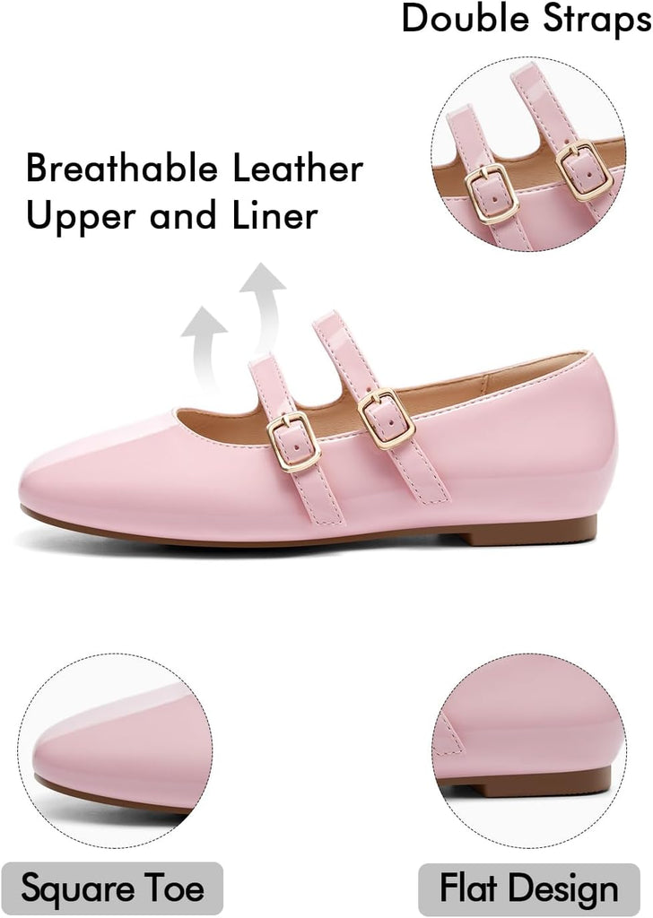 Girls Mary Jane Dress Shoes Square Toe Double Strap Flower Girl Wedding Party Ballet Flats for Toddler/Little/Big Kids