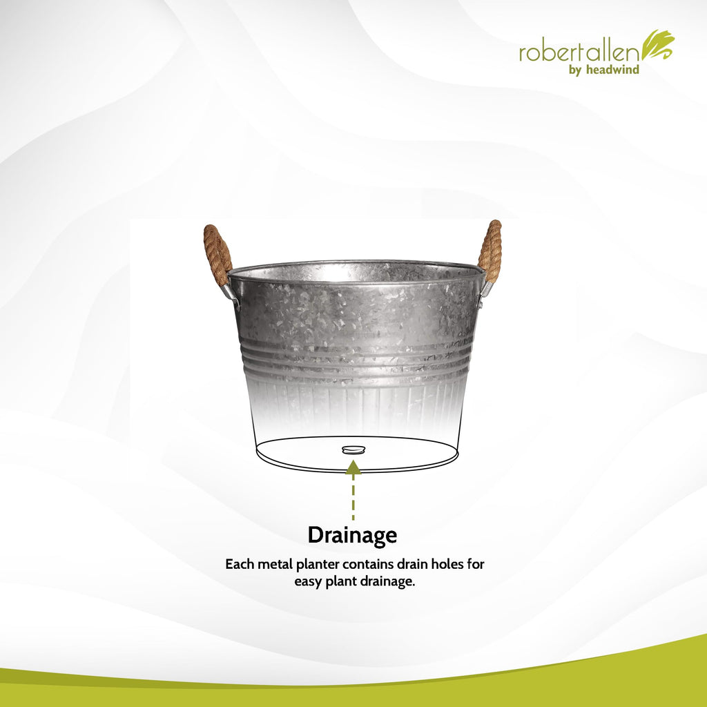 Decorative Planter - Round Galvanized Bucket w/Rope Handles - 12 Inch Metal Tub Bucket Planter for Outdoor Plants