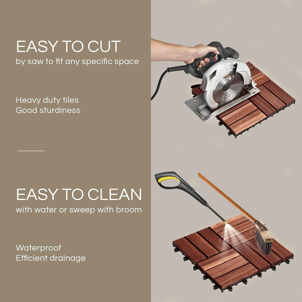 Premium Deck Tiles, Patio Flooring - Set 10 Pcs 12”x12”x0.9” Interlocking Deck Tiles, Waterproof Acacia Wood for