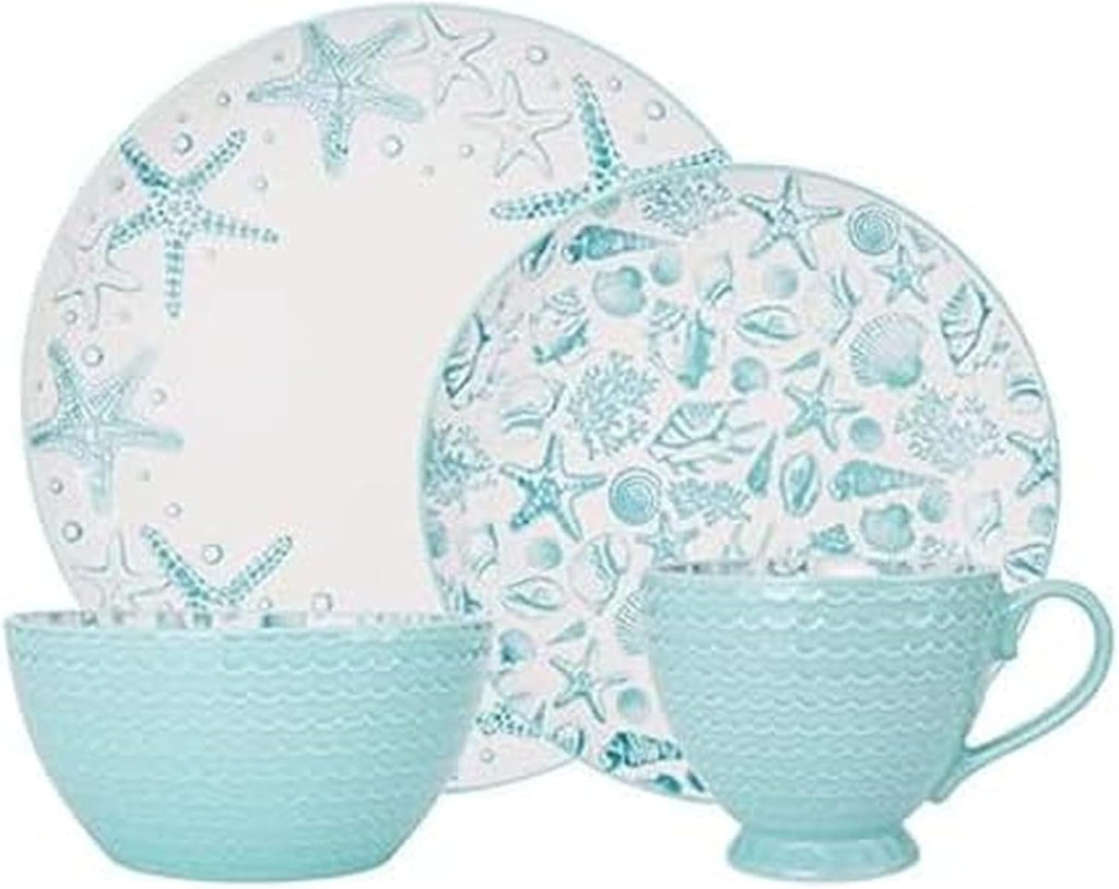 Venice 16-Piece Stoneware Dinnerware Set, Service for 4, Aqua and White Color Combination, Durable and Chip Resistant