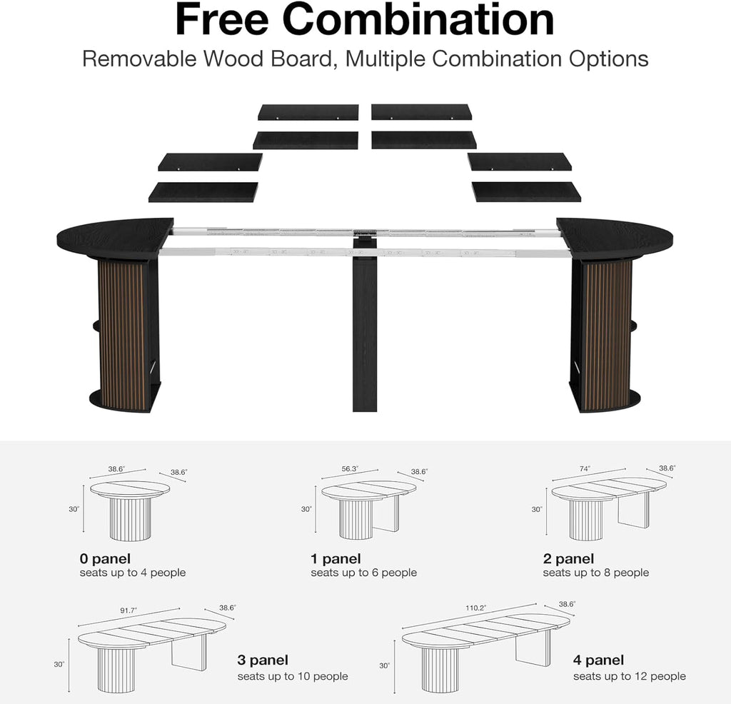38.6" to 110.2" Modern Extendable Dining Table, Expandable Fluted Round Table for 2-12 People with Storage, Space