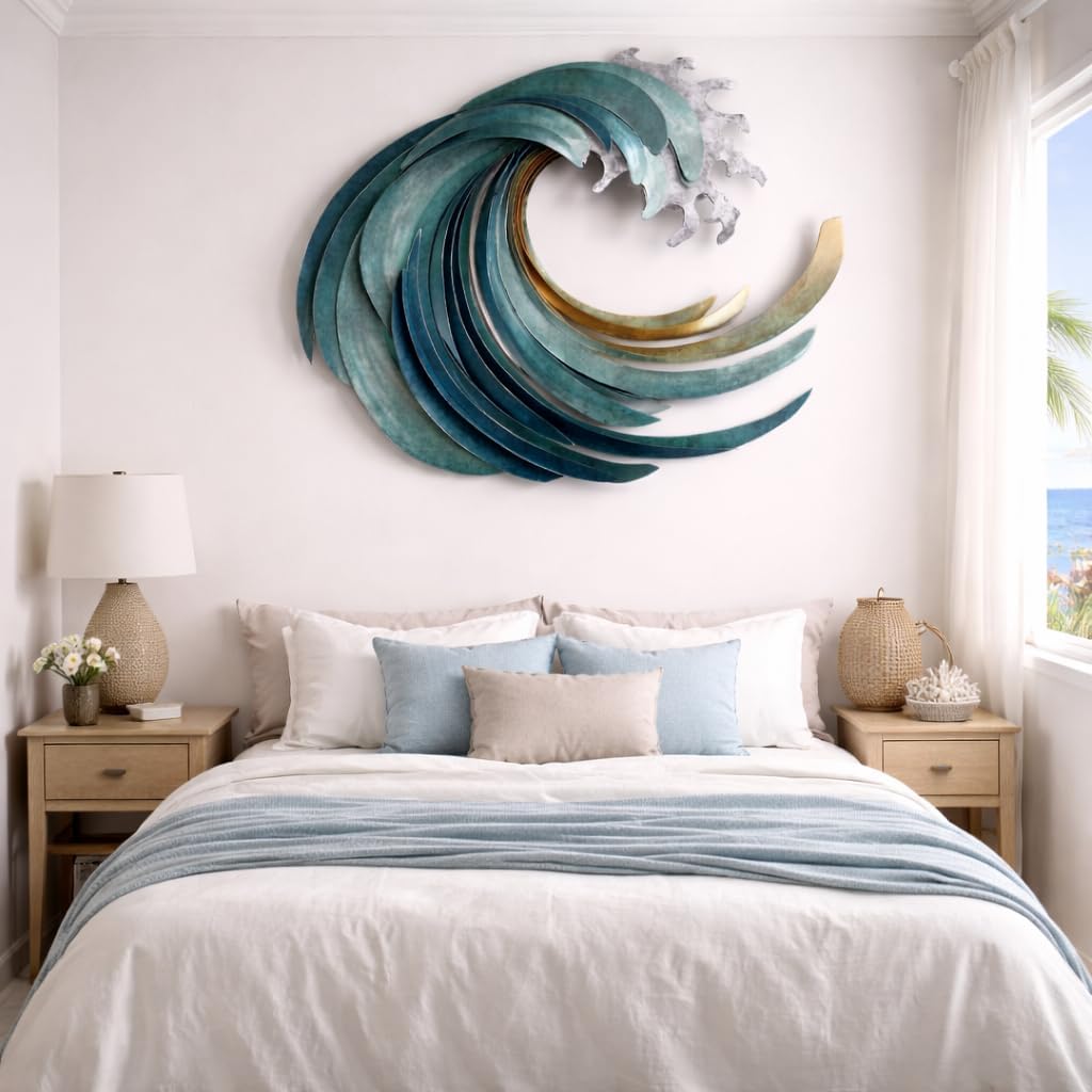 Ocean Wave Metal Wall Art, Large 3D Teal Coastal Decor, Nautical Coral Sculpture, Beach House Patio Sign, Seaside