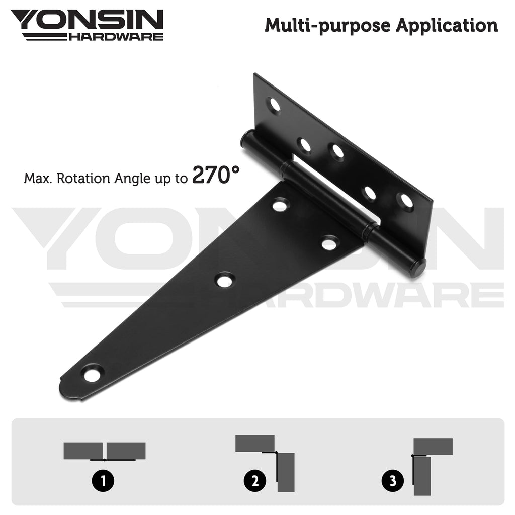 8" T-Strap Shed Door Hinges 4Pcs Switch Silently, Heavy Duty Black Tee Hings for Wooden Fence Gate, Outdoor T Hinges
