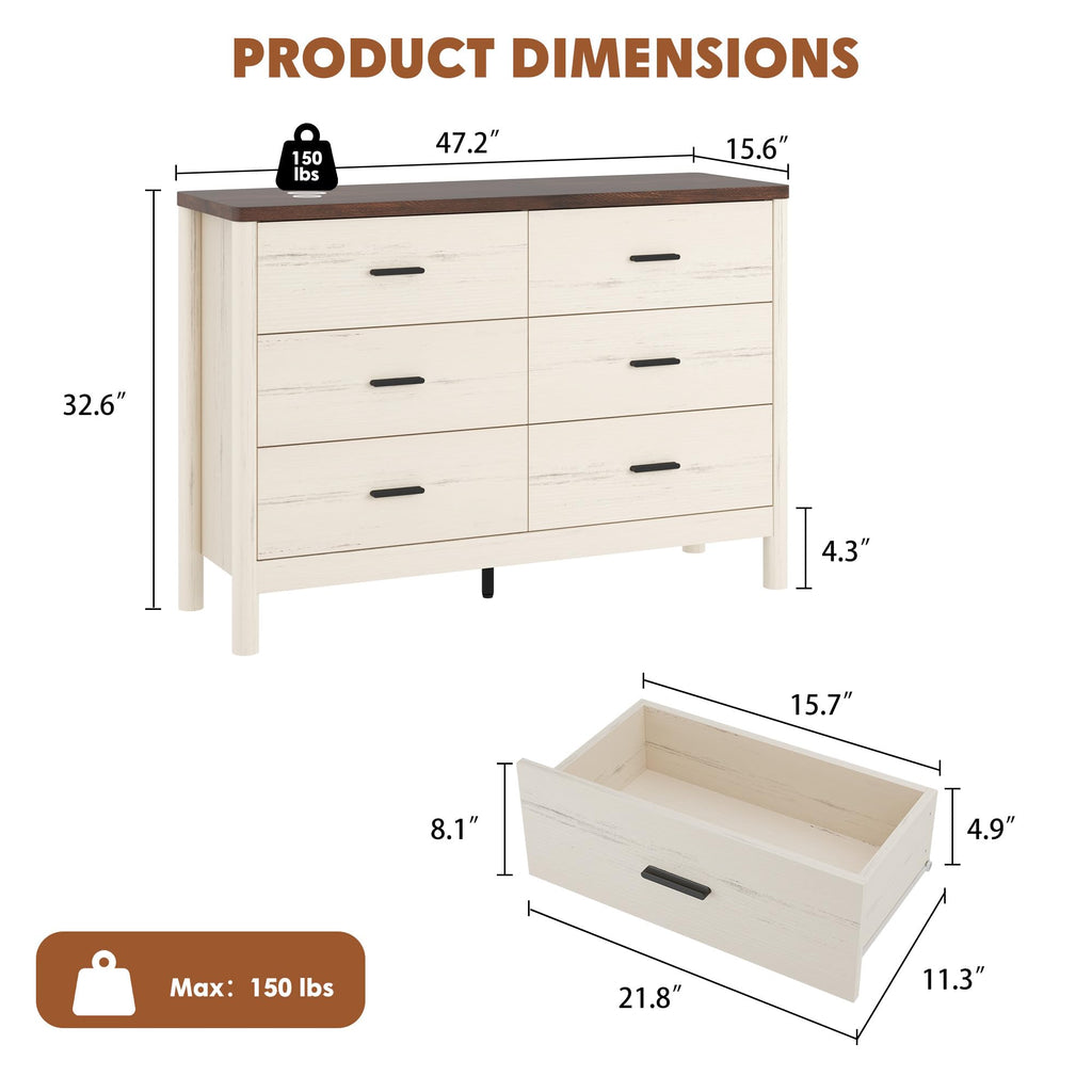 6 Drawer, Wooden Storage Chest of Drawers, White & Brown