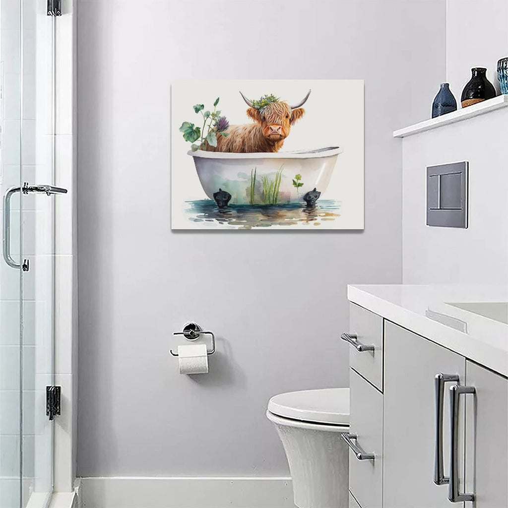 Highland Cow Bathroom Wall Art Longhorn Cow Bathtub Wall Decor Farmhouse Botanical Animals Bathroom Pictures Canvas