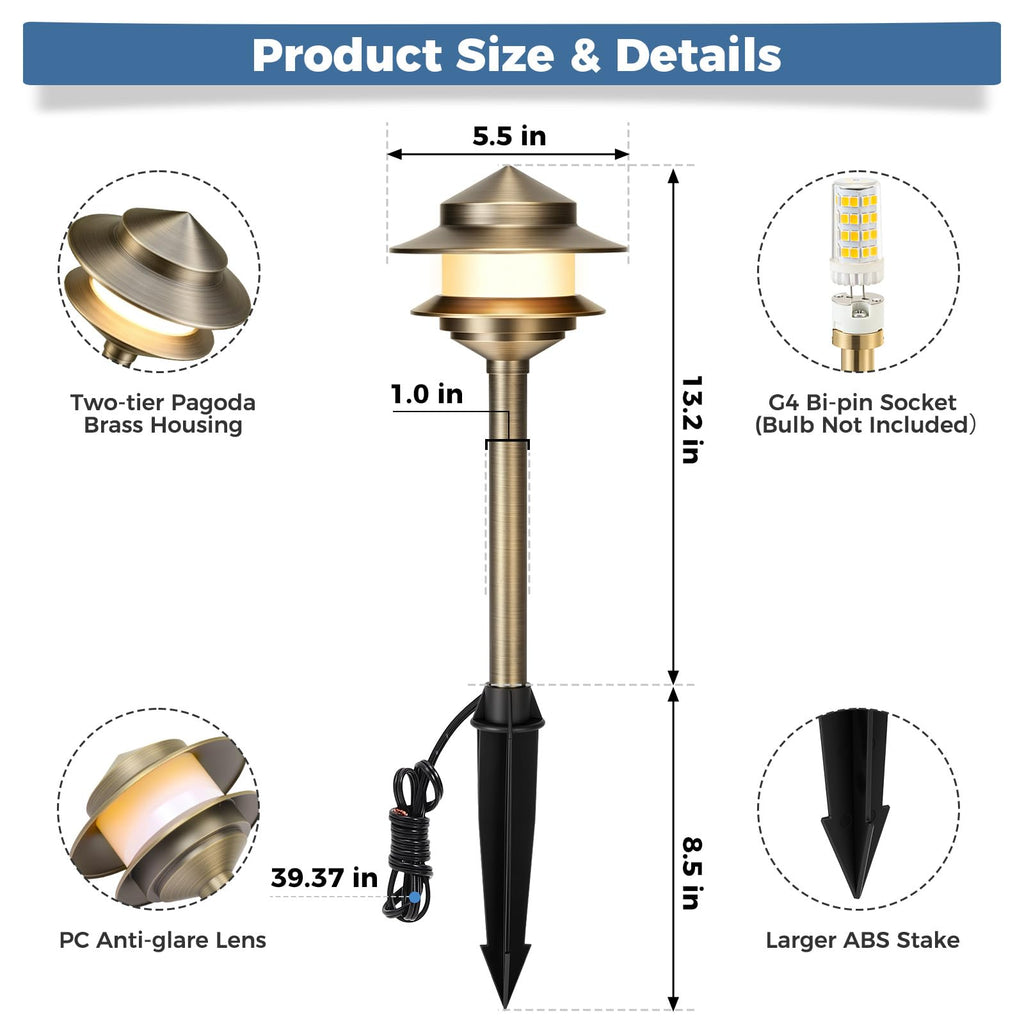 Pagoda Solid Brass Low Voltage Landscape Pathway Lights, 12V LED Heavy Duty Path Lighting Outdoor Wired, Waterproof
