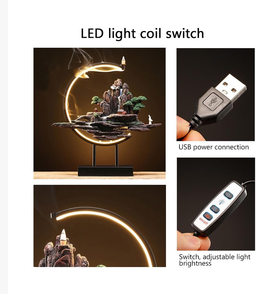Backflow Incense Waterfall Fountain Burner with Adjustable LED Light Ring,Resin Rockery Landscape Ornament