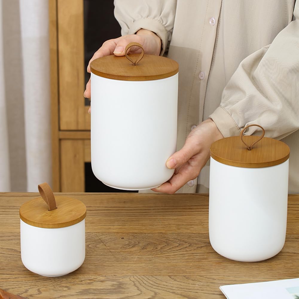 Kitchen Canister Set for Countertop, 9/28/45 oz Ceramic Food Storage Containers with Airtight Wood Lids - Set of 3