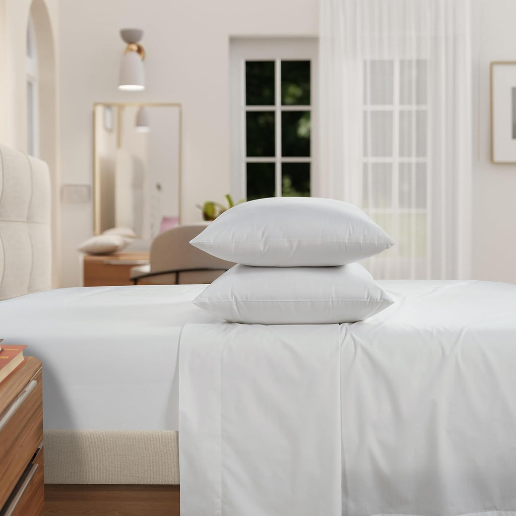 Full Bed Sheet Set, 100% Egyptian Cotton Percale, White, Crisp, 4Pc