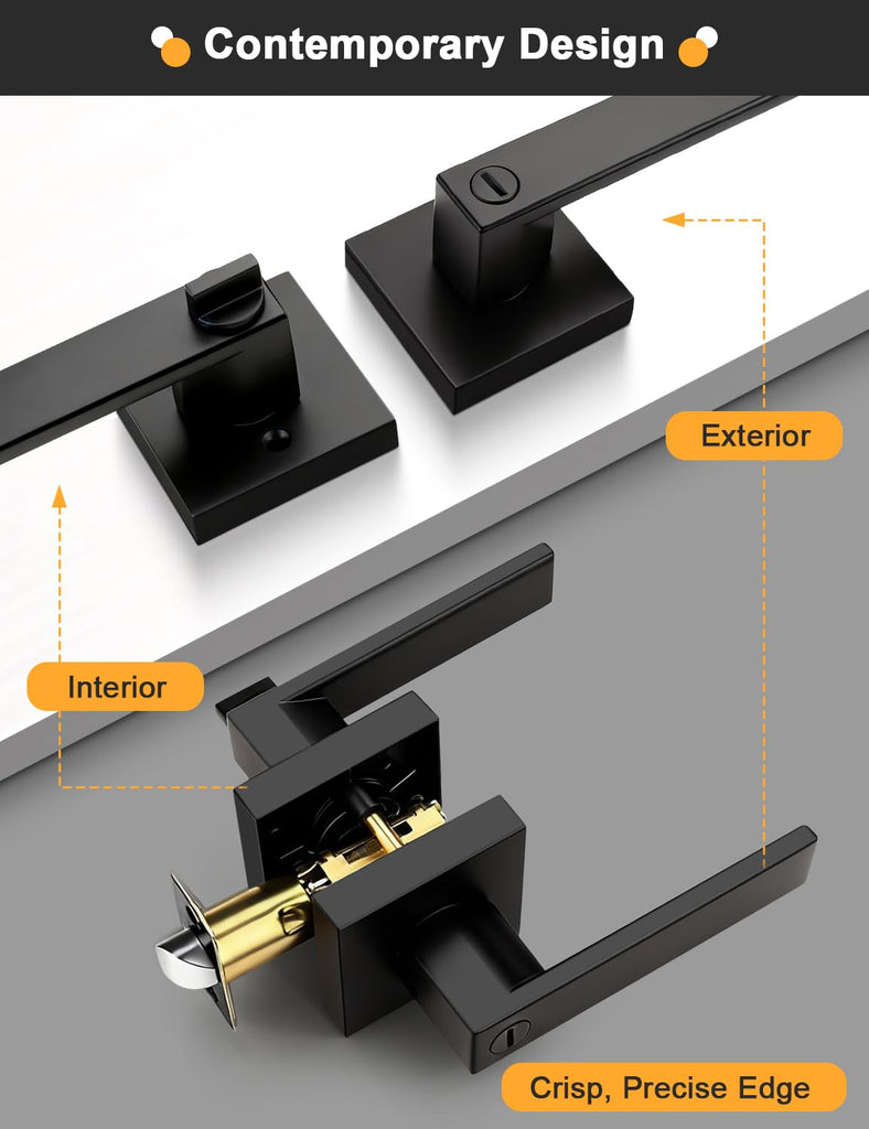 6 Pack Square Privacy Door Levers Locksets in Matte Black Finish, Bed/Bath Door Levers Keyless Interior
