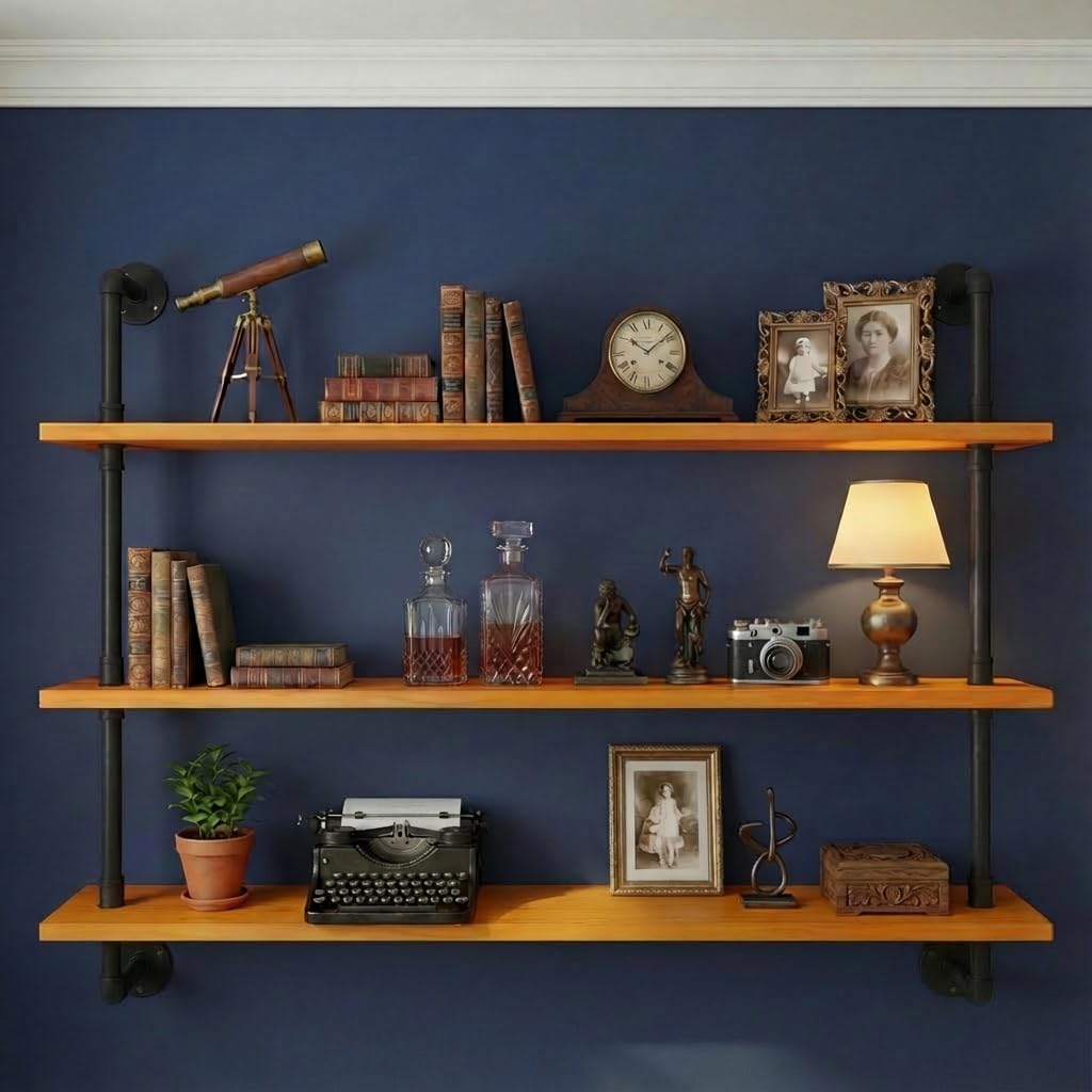Industrial Pipe Wall Shelves - 36" Rustic Natural Oak Solid Wood Shelf, 9.85" Deep Industrial Pipe Floating Shelving