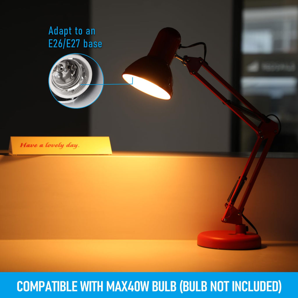 Metal Desk Lamp, Adjustable Swing Arm, E26, Red